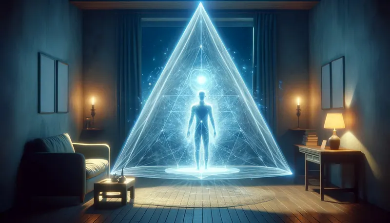 Imagem representando uma pessoa dentro de uma sala criando um campo protetor em forma de pirâmide, com um espírito dentro da pirâmide, de acordo com o conceito da Apometria.