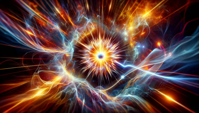 imagem que descreve a criação de um fóton, capturando a natureza dinâmica e energética desta partícula fundamental de luz.