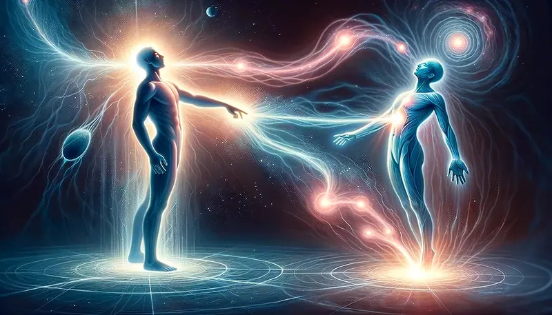 A imagem que descreve a transferência de energia, capturando o conceito de extrair energia do universo e canalizá-la para outra pessoa.