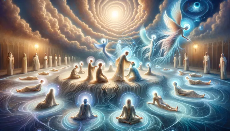 Imagem ilustrativa de Ajudantes Não Encarnados auxiliando Pacientes Desdobrados na Apometria, mostrando o processo de cura espiritual compassivo.