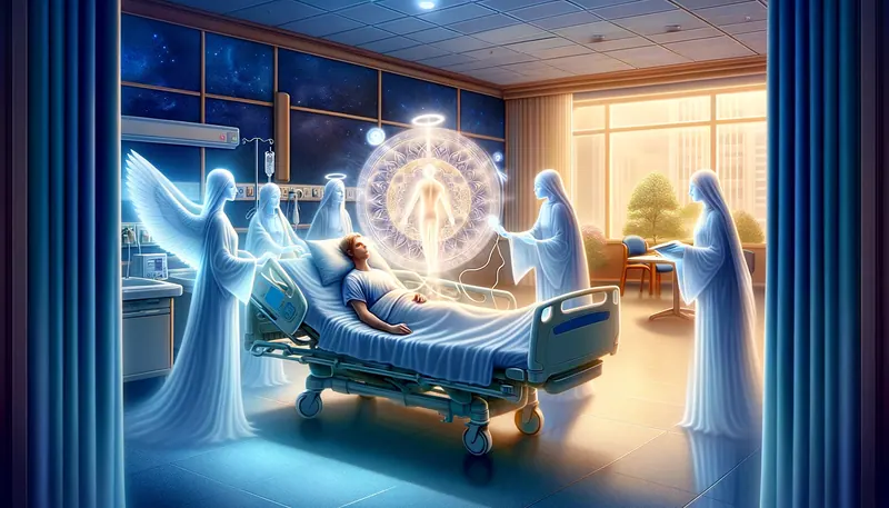 Representação visual de espíritos ajudantes auxiliando uma pessoa hospitalizada, auxiliando no desdobramento de seu corpo espiritual.