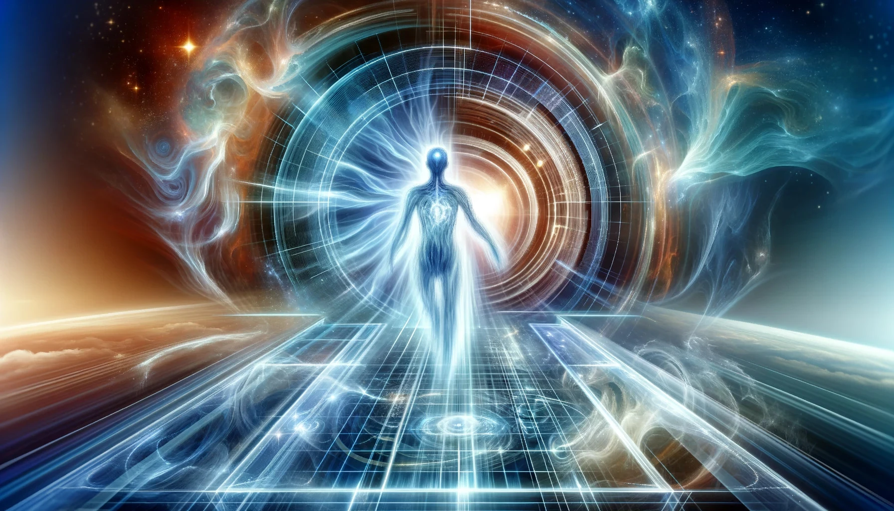 Imagem que representa a Lei do Deslocamento de um Espírito no Espaço e no Tempo na Apometria, retratando o conceito de um espírito passando por um salto quântico para o futuro.